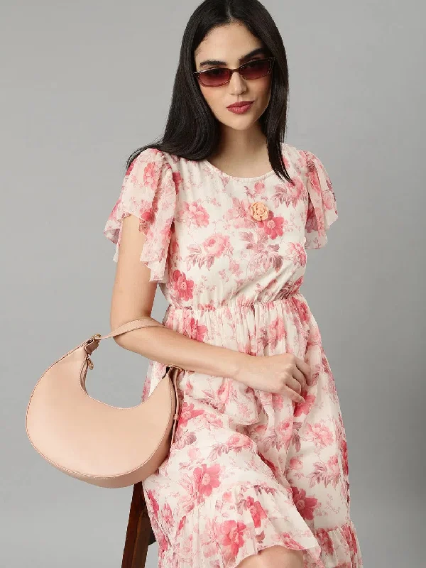 Women Off White Floral Fit and Flare Dress-DW-3473-Offwhite