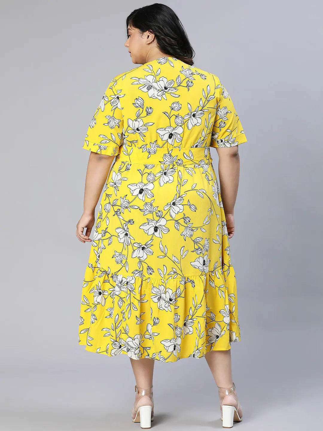 Queen Yellow Floral Print Women Plus Size Long Dress