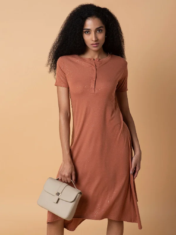 Women Solid Rust Midi A-Line Dress-AE-15889-Rust