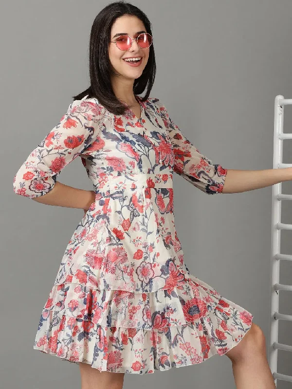 Women's Off White Printed Fit and Flare Dress-DW-1244A-Offwhite
