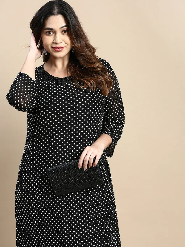 Women Black Polka Dots A-Line Dress-LG-16126-Black
