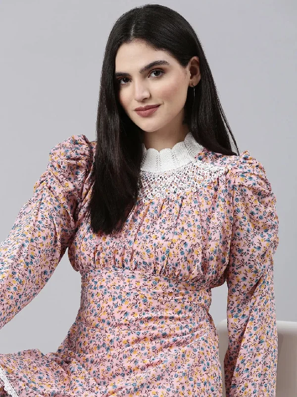 Women Pink Printed Fit and Flare Dress-HQ-52-Pink