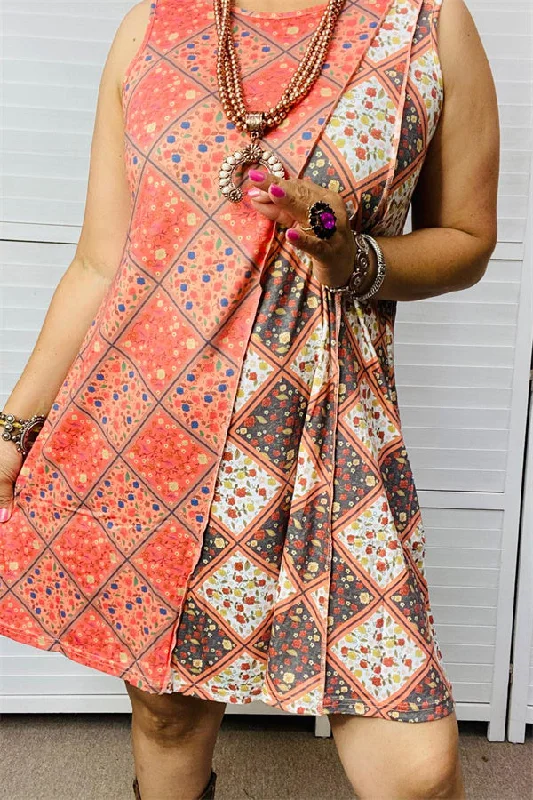 GJQ13374 Plaid floral multi color printed sleeveless women dress with pockets
