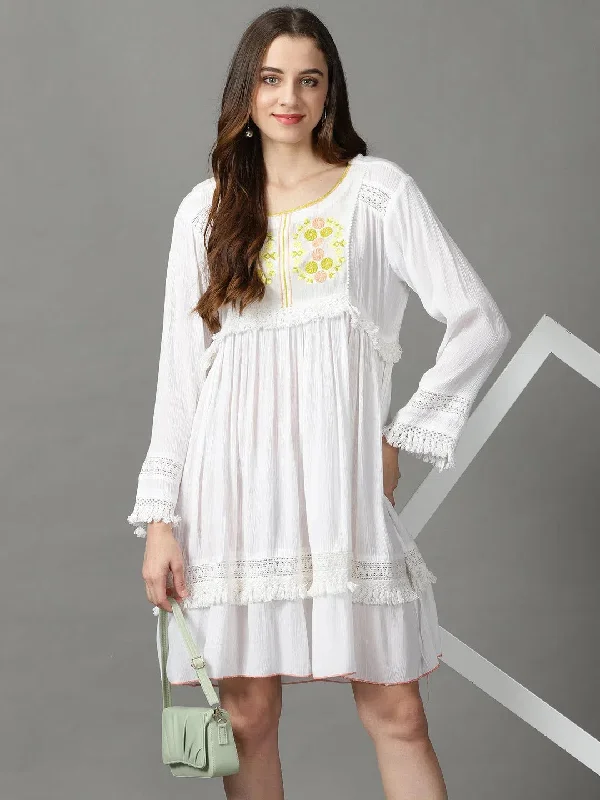 Women's White Embroidered Empire Dress-GW-3289-White