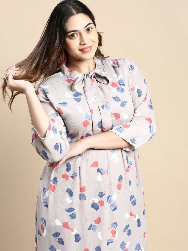 Women Tie-Up Neck Puff Taupe Abstract Fit and Flare Dress-AE-15807-Taupe
