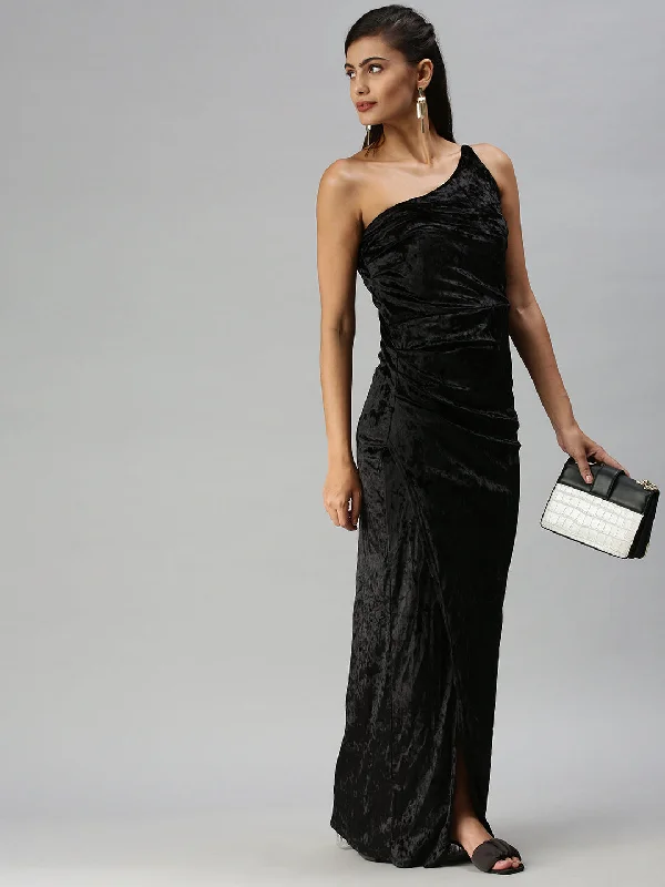 Women One Shoulder Solid Bodycon Black Dress-SP-8528-Black