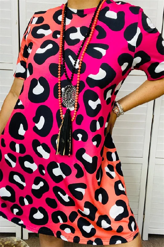XCH14267 Colorful leopard prints short sleeve women dress w/side pockets