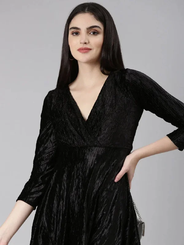 Women Black Solid Fit and Flare Dress-AE-15943-Black