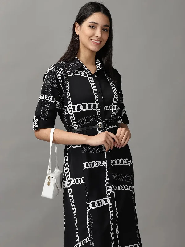 Women's Black Printed Fit and Flare Dress-AE-444133-Black