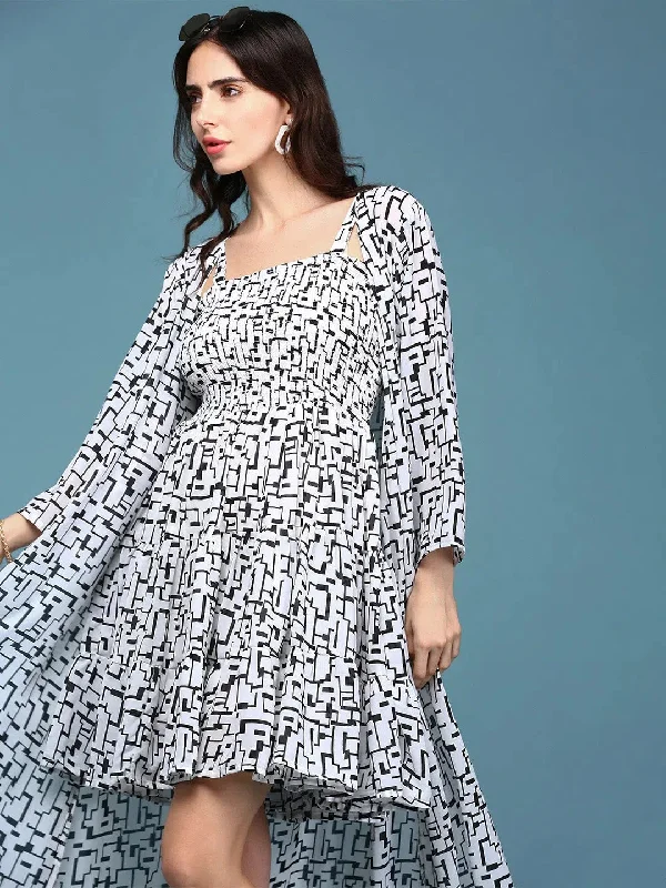 Women's White Printed Fit and Flare Dress-AE-15894-White