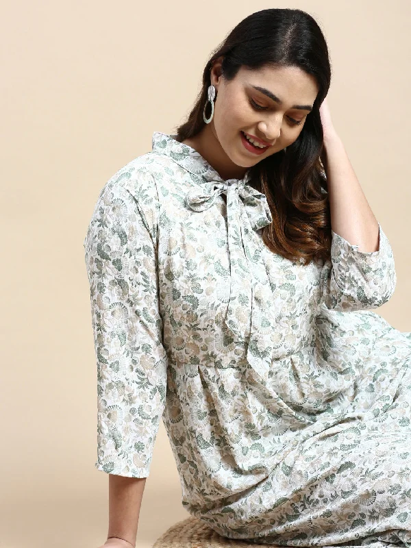 Women Tie-Up Neck White Bohemian Fit and Flare Dress-AE-15808-Green
