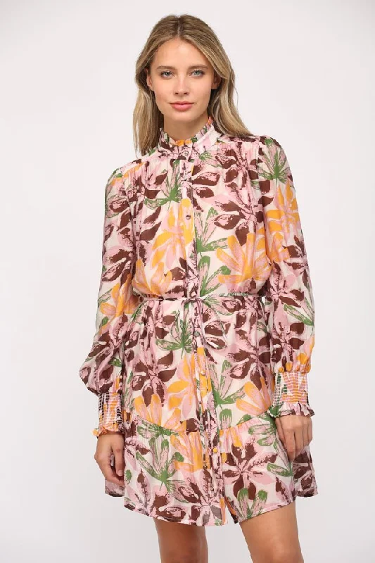 Floral Dream Stand Ruffle Collar Button Front Dress