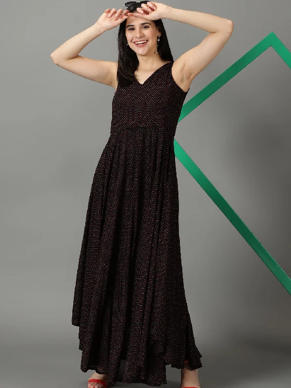 Women V-Neck Printed Fit and Flare Black Dress-SP-6037-Blackpink