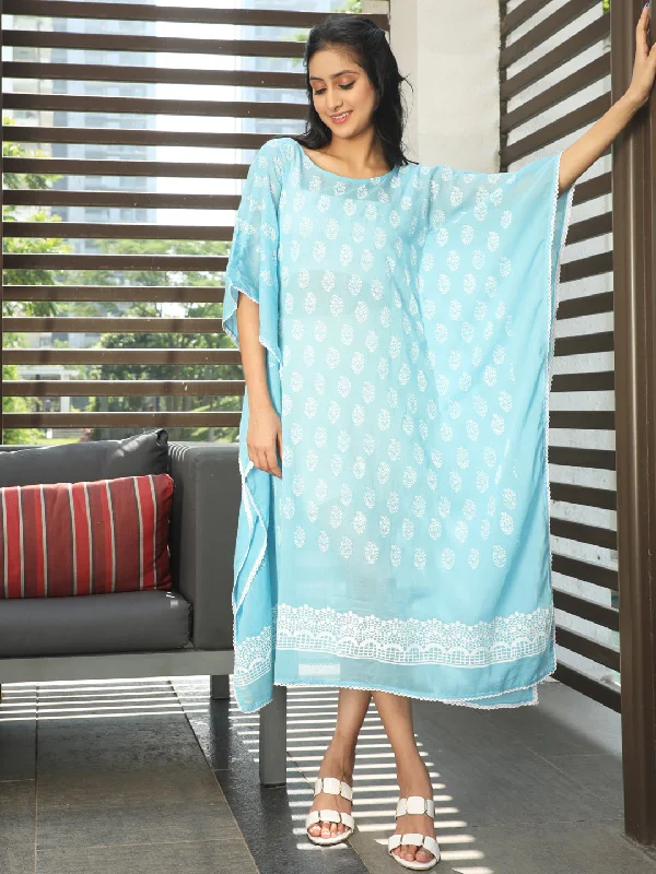 Women's Blue Hand Block Print Kaftan Dress - Aks
