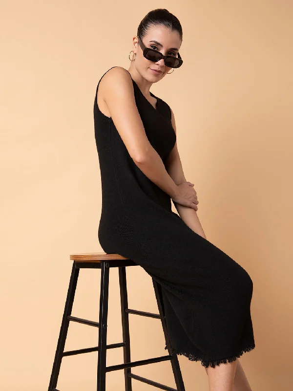 Women Solid Black Midi Sheath Dress-8855-Black