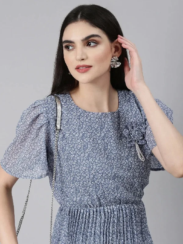 Women Blue Floral Fit and Flare Dress-EA-1105-Blue