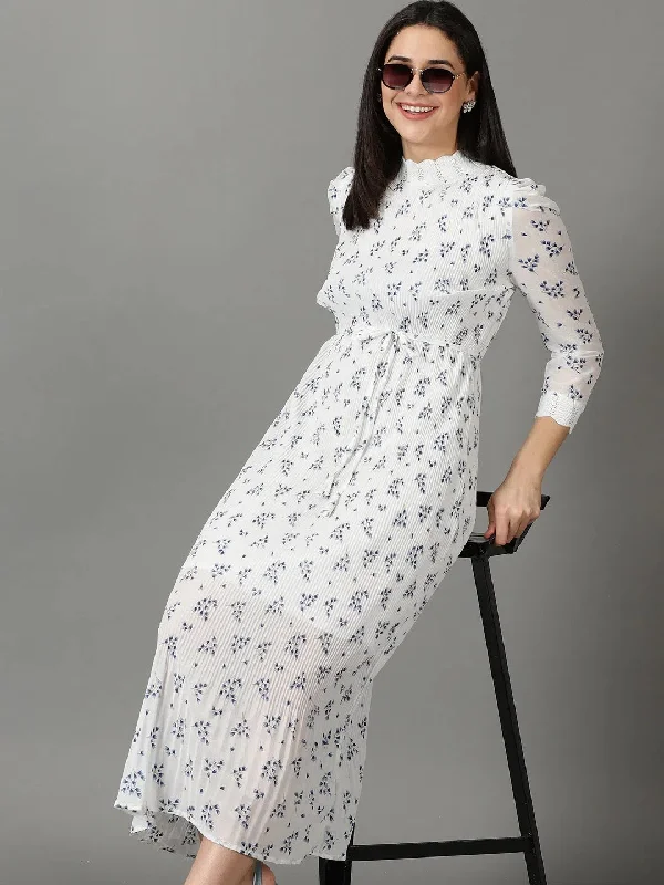 Women's White Printed Sheath Dress-HQ-32-White