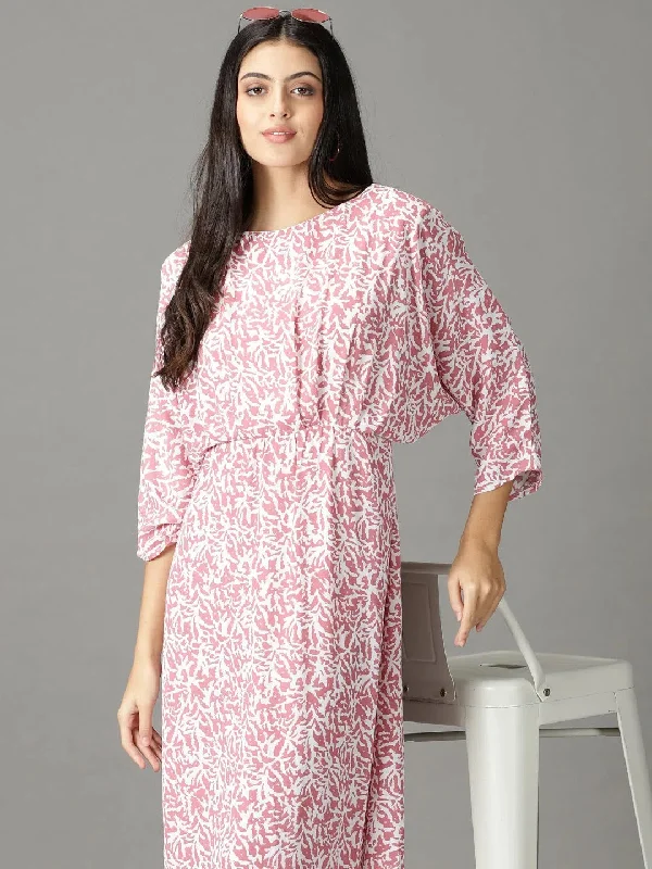 Women's Pink Printed A-Line Dress-AE-15874-Pink
