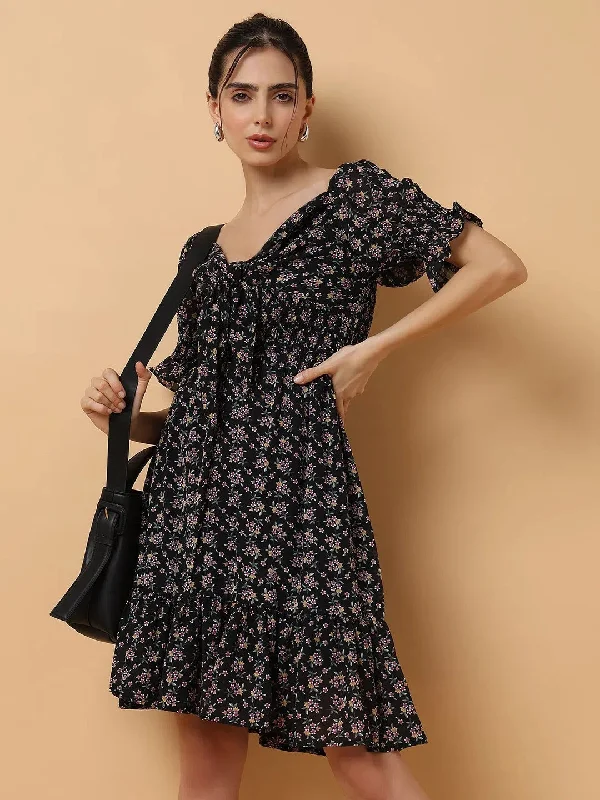 Women's Black Printed Fit and Flare Dress-HQ-076-Black