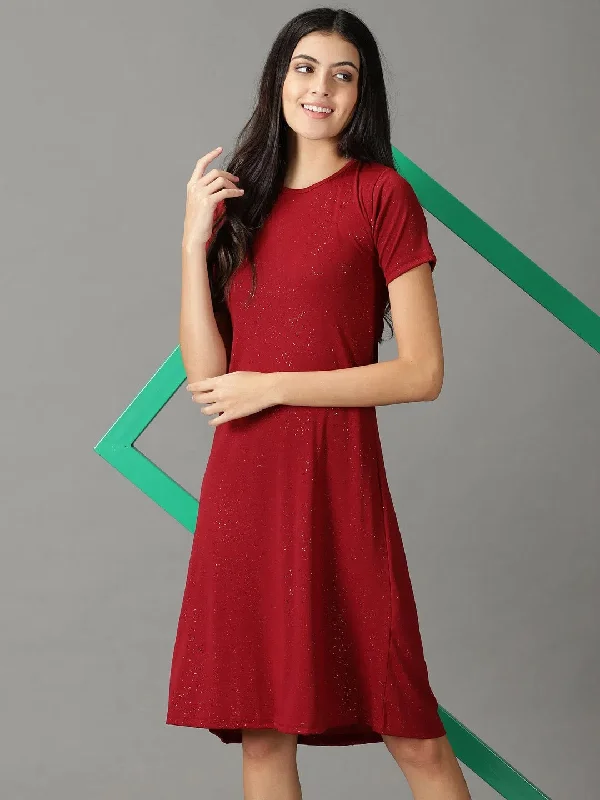 Women's Maroon Embellished A-Line Dress-AE-15903-Maroon