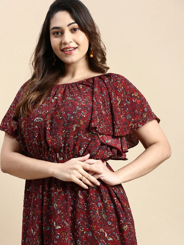 Women Flutter Maroon Bohemian Fit and Flare Dress-AE-15751-Maroon