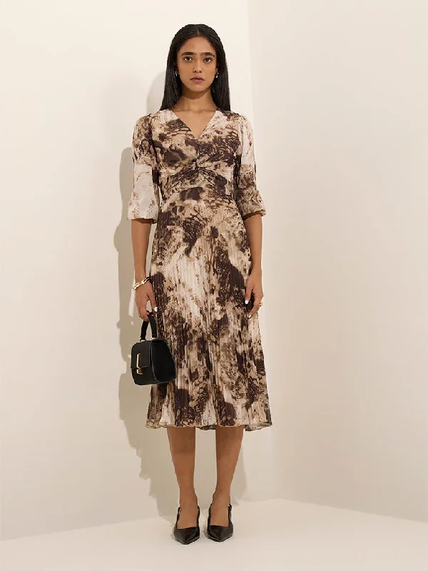Wardrobe Brown Camo Printed A-Line Dress