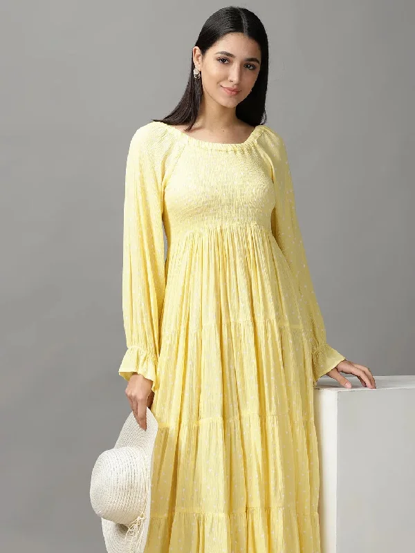 Women's Yellow Polka Dots Fit and Flare Dress-ON-594-Yellow
