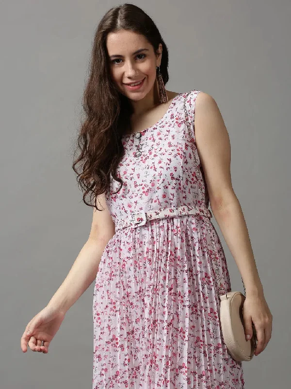 Women's White Printed A-Line Dress-KG-589-2-White