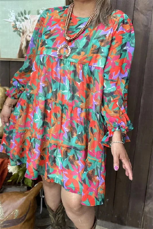 XCH15484 Multi color floral printed long sleeve w/elastic cuff women dress