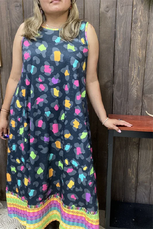 GJQ15301 Serape bottom&leopard printed sleeveless w/side pockets women dress