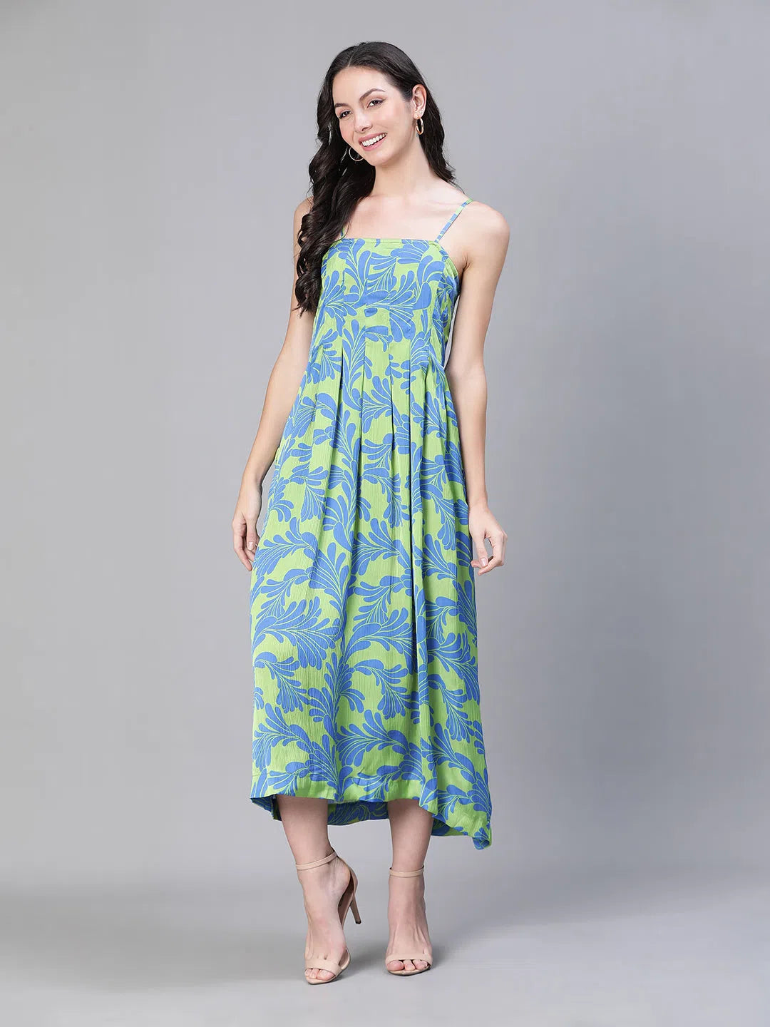 Women Floral Print Shoulder Strapped Green  Long Dress-S23500WDR003