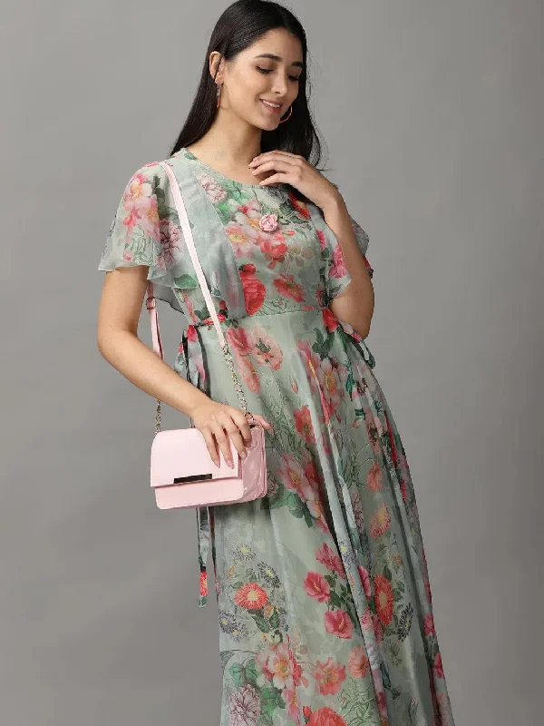Women's Green Floral Fit and Flare Dress-DW-8428-Seagreen