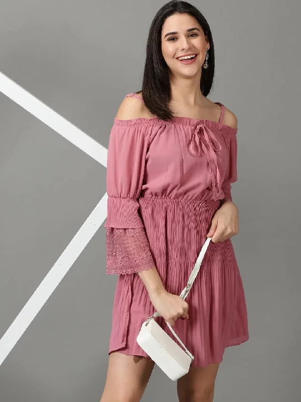 Women's Mauve Solid Fit and Flare Dress-AE-11573-Mauve