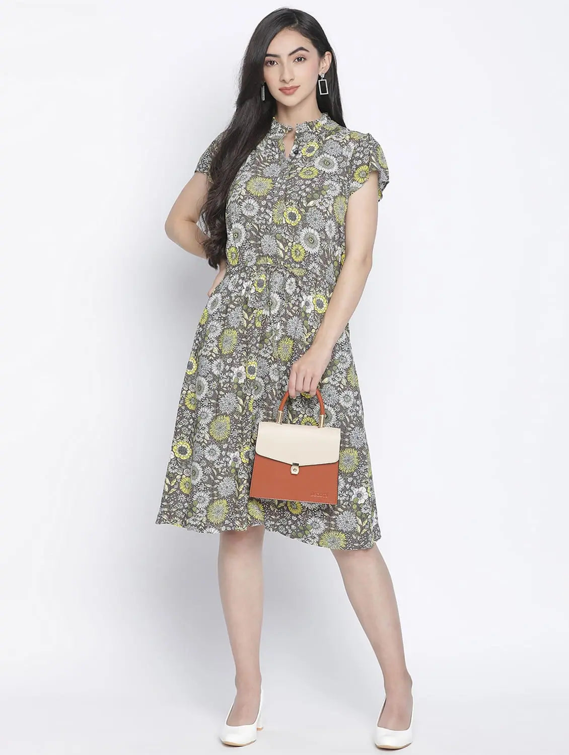 Vober Color Mesh Floral Print Women Dress