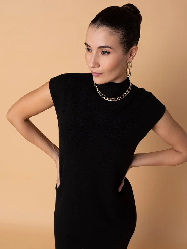 Women Solid Black Midi A-Line Dress-36138-Black
