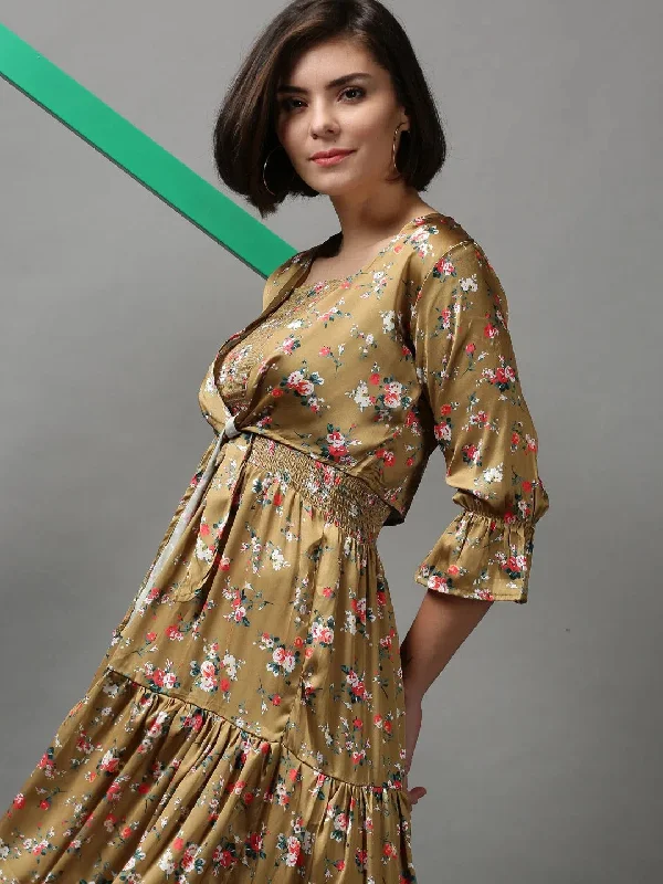 Women's Beige Printed Fit and Flare Dress-AE-15619-Khaki