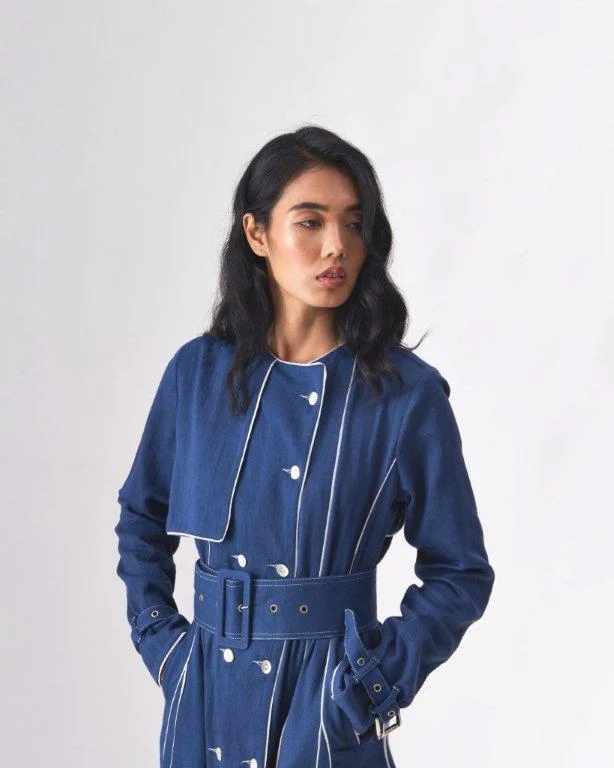PRISCILLA - KHADI DENIM BLUE TRENCH DRESS