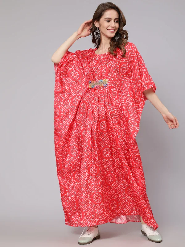 Women's Red & White Bandhani Printed Kaftan Dress With Lace Details - Aks