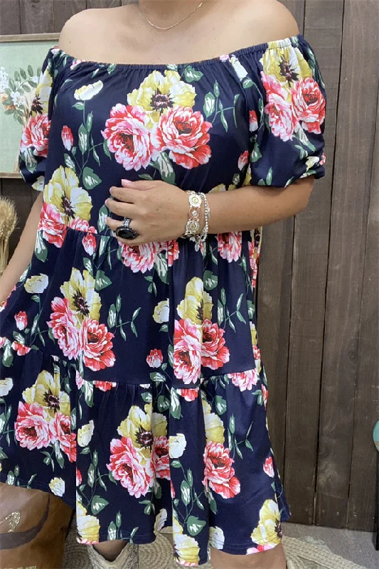 GJQ15155 Floral multi color printed black off shoulder short sleeve w/side pockets women dress