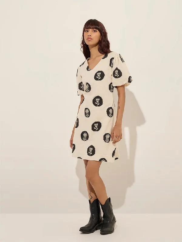 Bombay Paisley Beige Printed Cotton Blend A-Line Dress