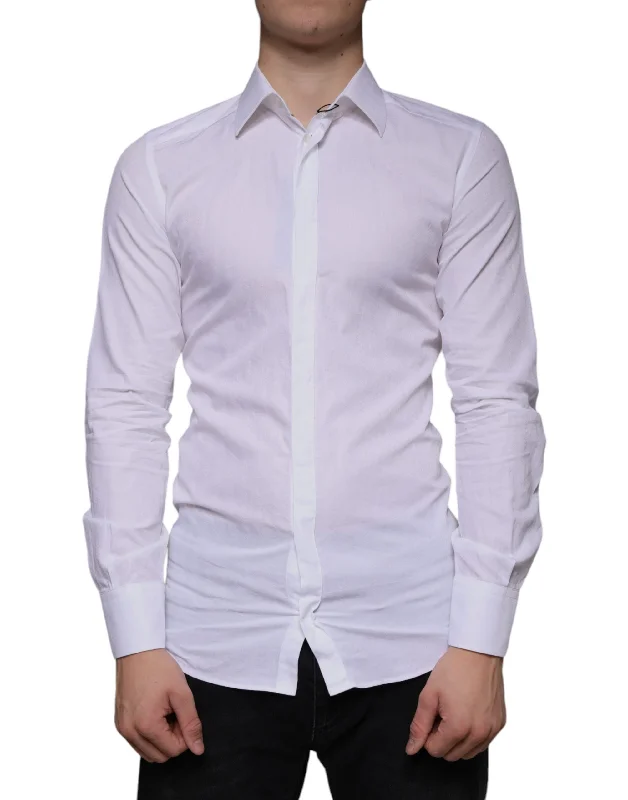 White Cotton Men Dress Gold Formal Shirt