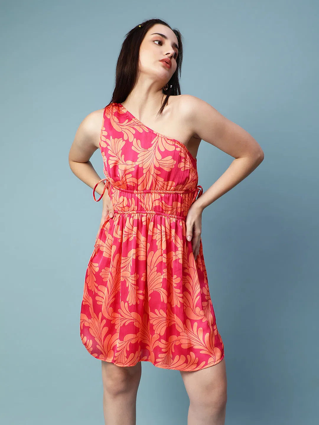 Women Red Floral Satin Print Elasticated One Off Shoulder Tie-Knot Dress-S23108WDR001