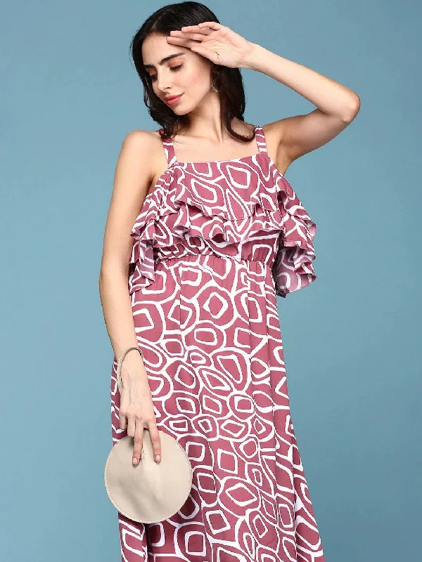Women's Pink Printed Fit and Flare Dress-AE-15685-Pink