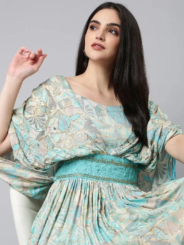Women Turquoise Blue Floral Fit and Flare Dress-FS-3044-Turquoiseblue