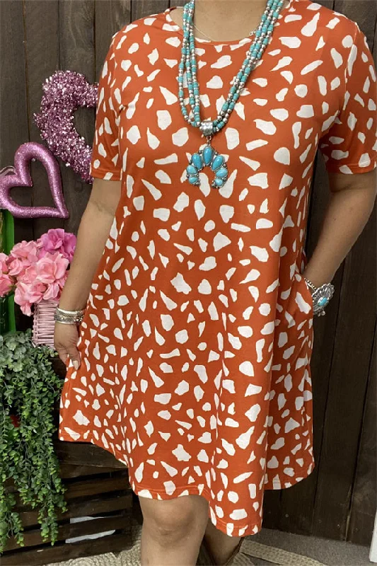 GJQ15562 Rust color white leopard printed short sleeve w/side pockets women dresses