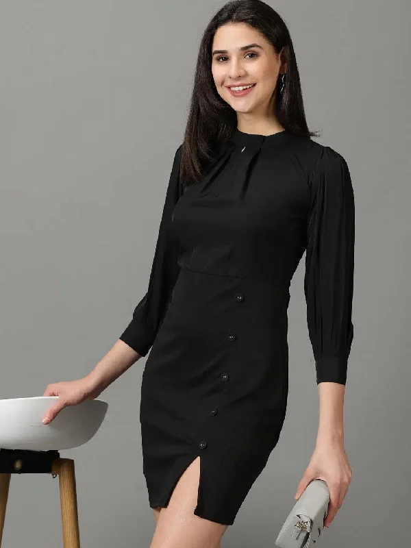 Women's Black Solid Fit and Flare Dress-AE-15758-Black