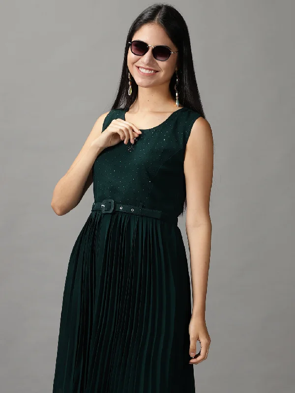 Women Solid Fit and Flare Green Dress-KG-8044-Green