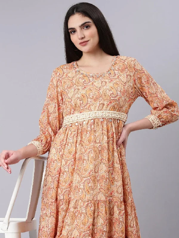 Women Beige Embellished A-Line Dress-BC-CK-969-Beige