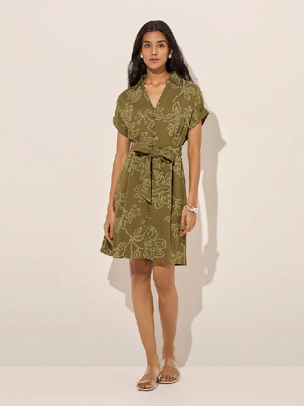 LOV Olive Floral A-Line Dress with Belt