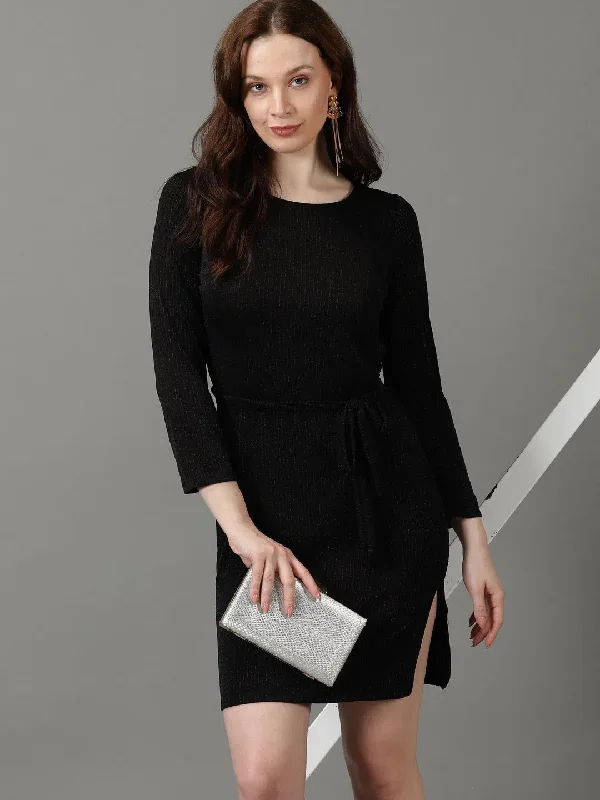 Women's Black Striped Sheath Dress-AE-9877-Black
